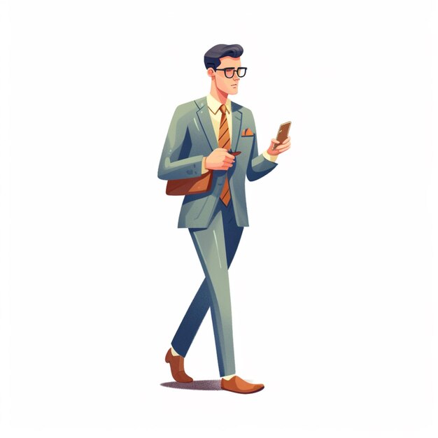 uomo dei cartoni animati in abito e cravatta che cammina mentre guarda il suo telefono generativo ai