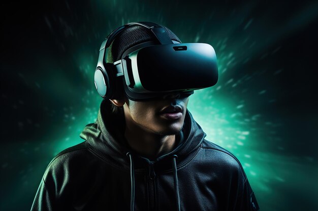 Uomo del concetto di tecnologia Metaverse con occhiali per realtà virtuale vr