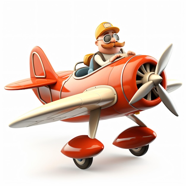 Uomo del fumetto 3D che vola in un retro aeroplano isolato
