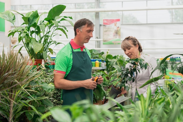 Uomo del giardiniere che consiglia il cliente femminile durante l'acquisto delle piante nel centro del giardino