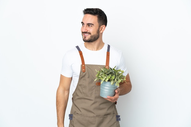 Uomo del giardiniere che tiene una pianta isolata su fondo bianco che guarda al lato e che sorride