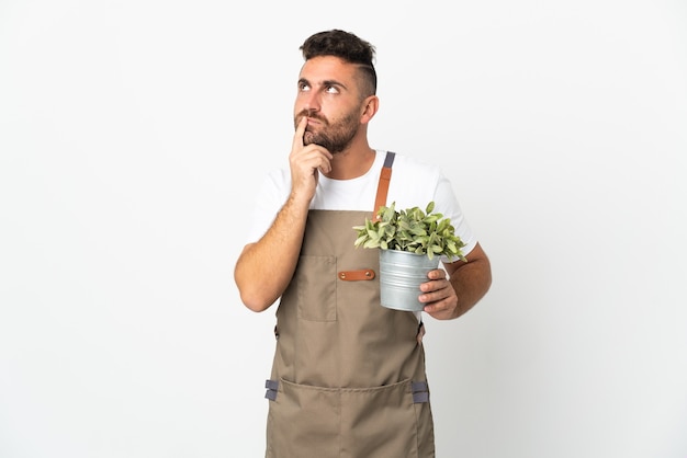 Uomo del giardiniere che tiene una pianta sopra fondo bianco isolato che ha dubbi mentre guarda in su