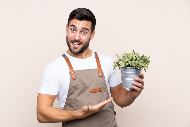 Uomo del giardiniere che tiene una pianta sopra la parete isolata