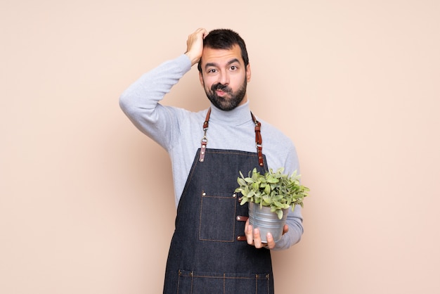 Uomo del giardiniere con la pianta sulla sua mano