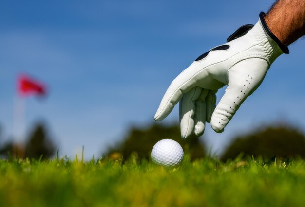 Uomo del giocatore di golf con la mano del guanto da golf che mette la pallina da golf sul tee nel campo da golf