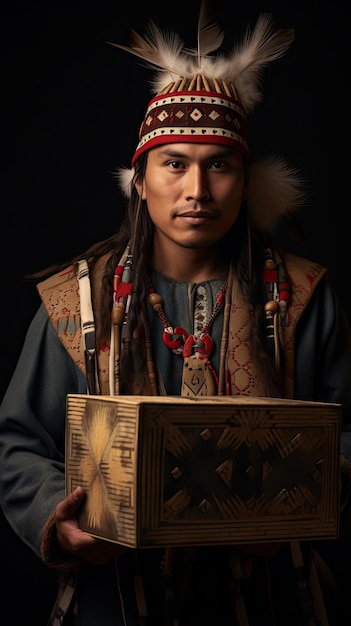 Uomo del nativo americano che tiene una scatola