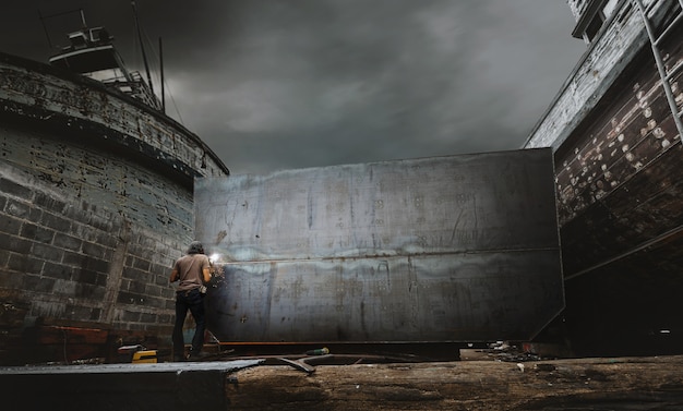 Uomo del saldatore che lavora nel cantiere navale locale.