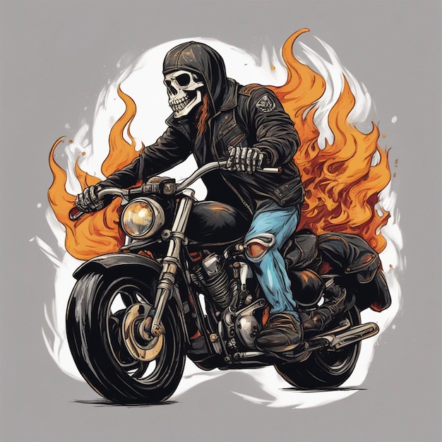 Uomo del teschio con il disegno di una maglietta per moto da fuoco