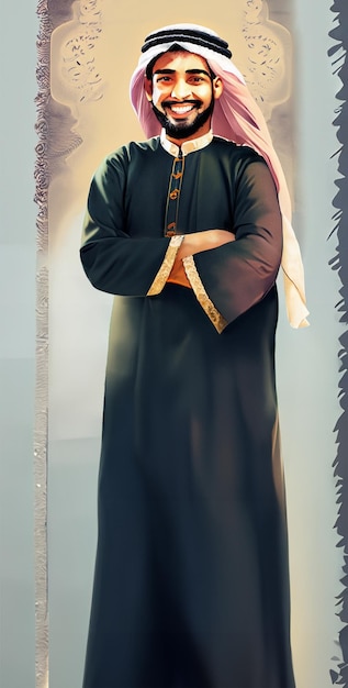 Uomo dell'Arabia Saudita in piedi che tiene entrambe le braccia unite e sorride