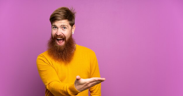 Uomo della testarossa con la barba lunga sopra la porpora isolata che presenta un'idea mentre guardando sorridente verso