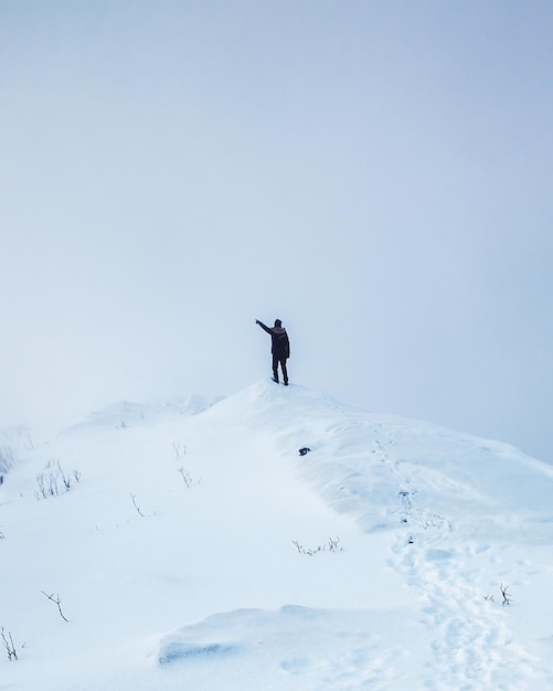 Uomo della viandante che sta e che indica sul picco di montagna nevoso