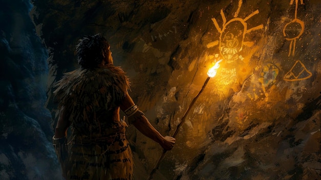 uomo delle caverne con una torcia all'interno di una caverna che osserva la pittura rupestre fatta a mano dai suoi antenati di notte in alta risoluzione e qualità