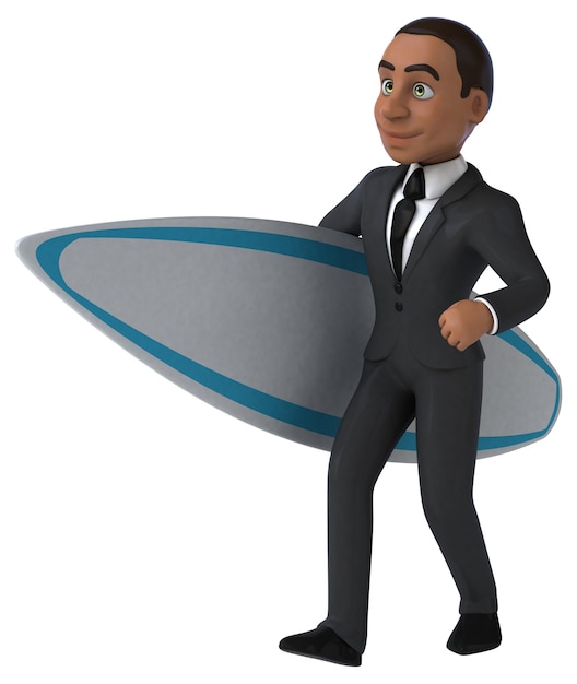 Uomo di affari del fumetto 3D divertente surf