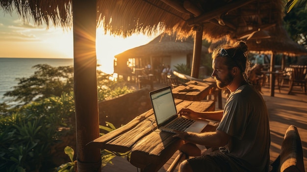 Uomo di Bali che lavora sul portatile