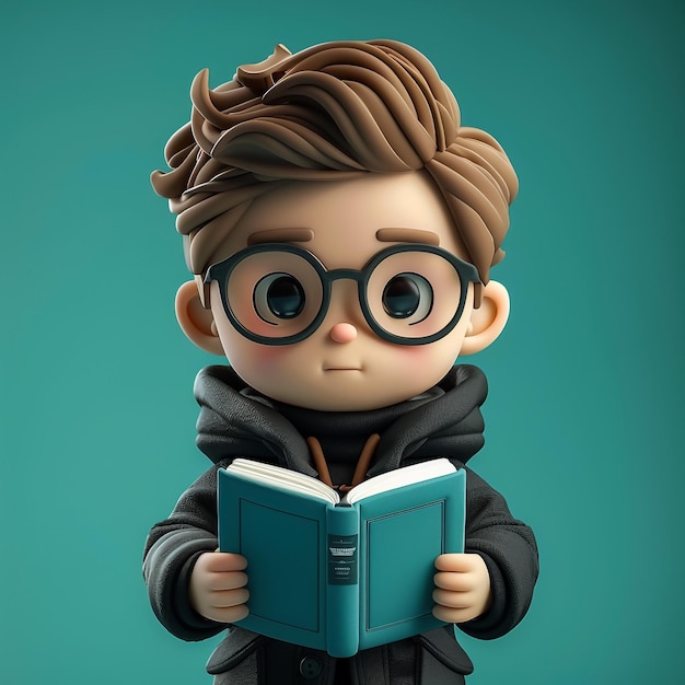 Uomo di cartoni animati 3D e libro da lettura