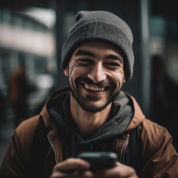 Uomo di città in inverno sorridente con il telefono