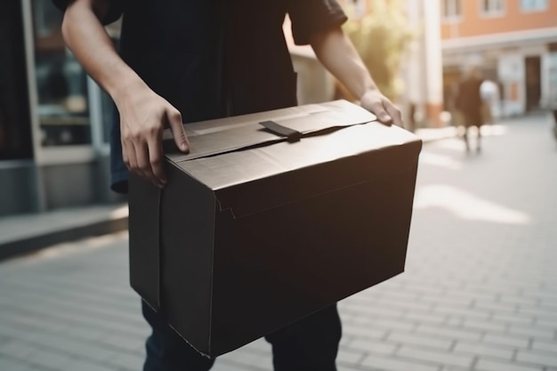 Uomo di consegna che consegna la scatola del pacco della tenuta al cliente