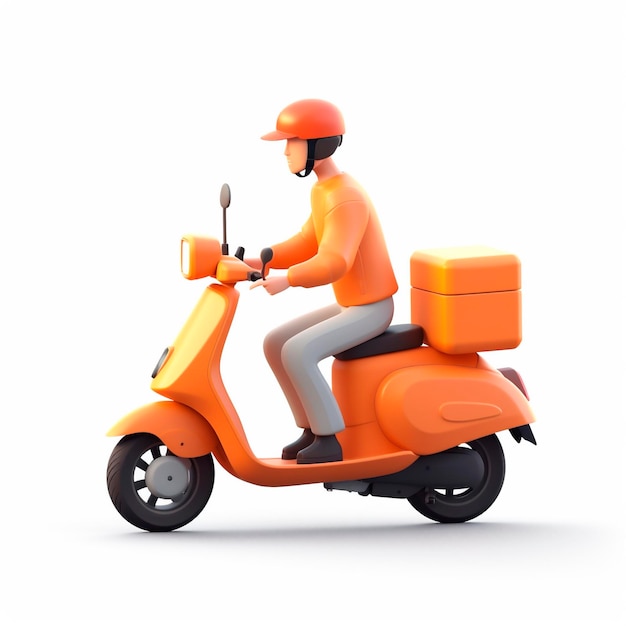 Uomo di consegna che guida scooter ciclomotore icona 3D stile cartone animato isolato su sfondo bianco generato dall'IA