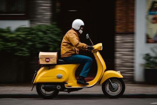 Uomo di consegna che guida uno scooter Rendering 3D del concetto di servizio di consegna
