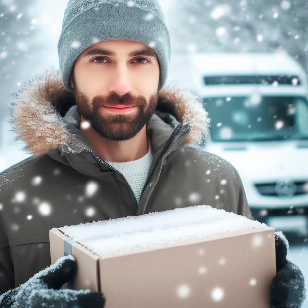 uomo di consegna freddo congelato che consegna una scatola di pacchi al cliente sfondo di neve blu ai generativo