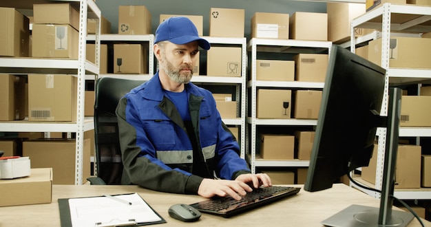 uomo di consegna in uniforme e cappello seduto al tavolo nel negozio di ufficio postale e lavorando al computer.