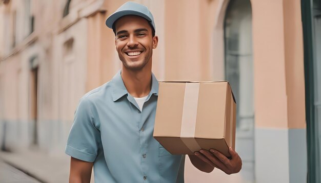 uomo di consegna sorridente con il berretto che tiene una scatola di cartone e guarda la telecamera