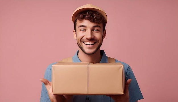 uomo di consegna sorridente con il berretto che tiene una scatola di pacchi isolata su uno sfondo rosa