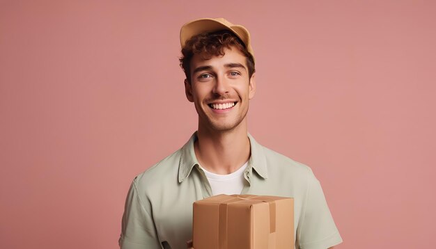 uomo di consegna sorridente in cappello che tiene la scatola e guardando la telecamera isolata su rosa