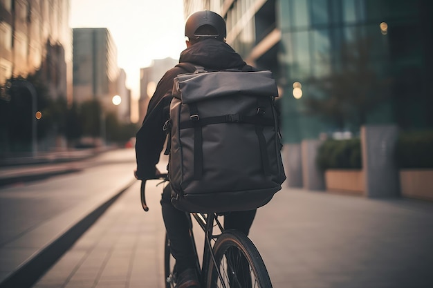 Uomo di consegna sulla schiena con la sua bicicletta in città