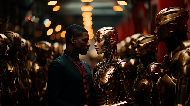 Uomo di fronte a un android di intelligenza artificiale