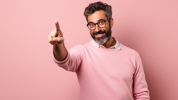 Uomo di mezza età che indossa abiti casual che punta con la mano e il dito verso il lato guardando la telecamera