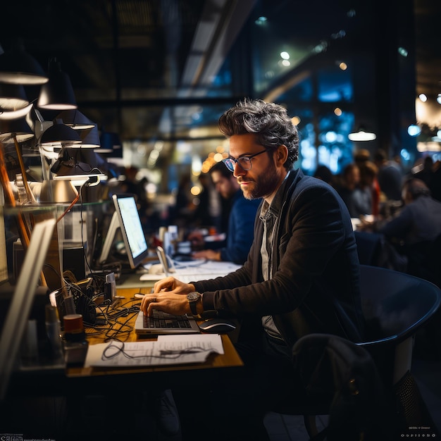 Uomo di mezza età che lavora in un ufficio affollato Impiegato di sesso maschile concentrato sullo schermo del suo laptop IA generativa