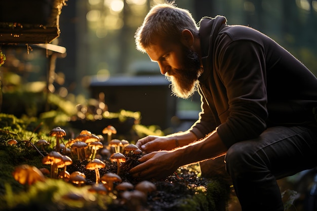 Uomo di mezza età che raccoglie funghi nella foresta d'autunno stagione di raccolta e tempo libero persone concetto di caduta