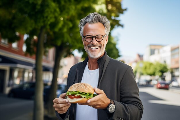 Uomo di mezza età in mezzo alla città con un hamburger in mano
