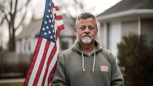Uomo di mezza età in piedi davanti alla bandiera americana vicino a casa Creato con la tecnologia generativa AI