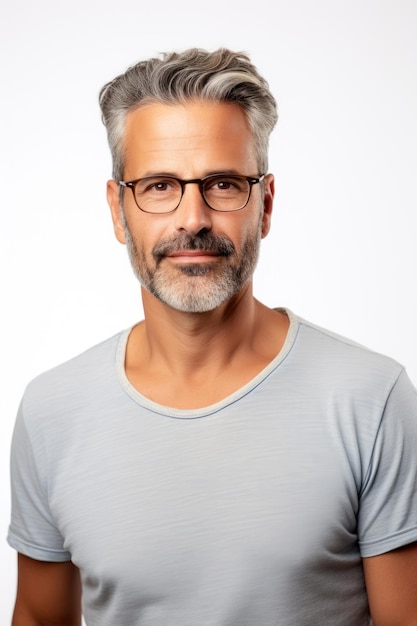 Uomo di mezza età sorridente con gli occhiali che indossa una maglietta bianca