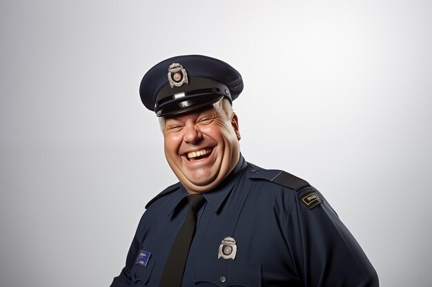 Uomo di mezza età su sfondo bianco isolato con uniforme di polizia