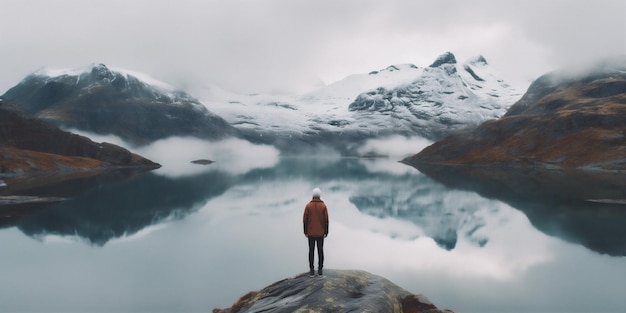 Uomo di montagna viaggio capo indietro natura gialla escursioni lago persona d'acqua IA generativa