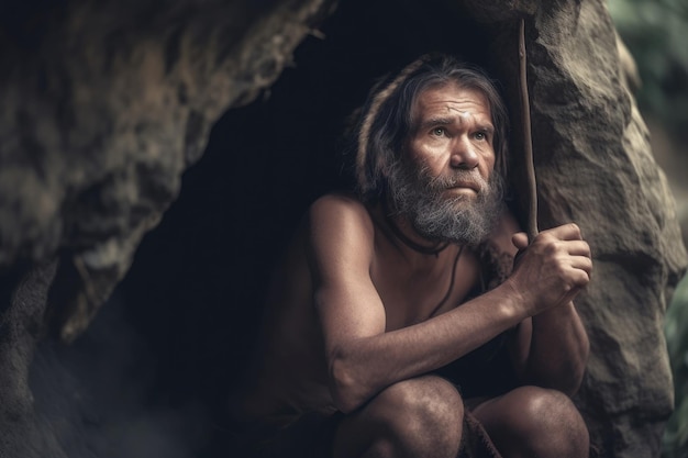 Uomo di neanderthal preistorico in grotta IA generativa