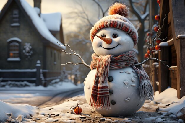 Uomo di neve adornato di sciarpa festiva Terra delle meraviglie invernale innevata Generato con AI