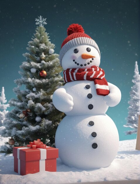 uomo di neve con albero di Natale e biglietto di Natale regalo