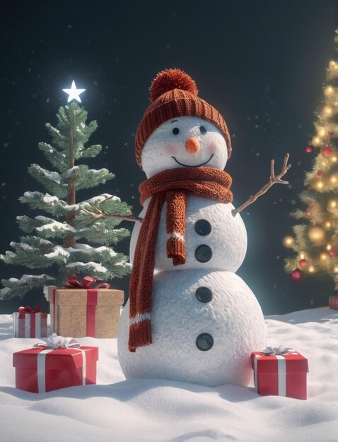uomo di neve con albero di Natale e biglietto di Natale regalo