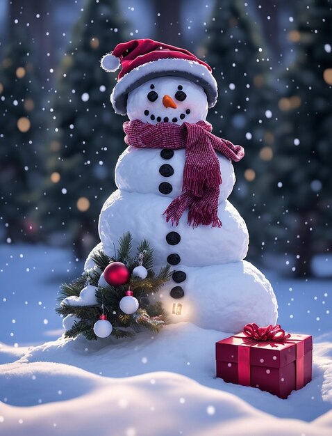 Uomo di neve con albero di Natale e biglietto di regalo di Natale