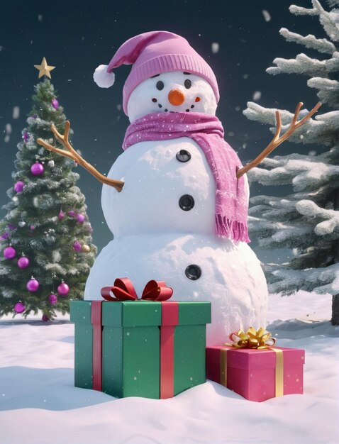 Uomo di neve con albero di Natale e biglietto di regalo di Natale