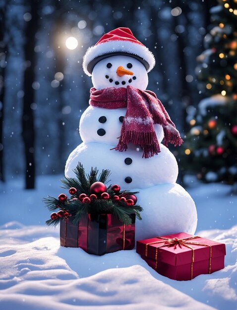 Uomo di neve con albero di Natale e biglietto di regalo di Natale