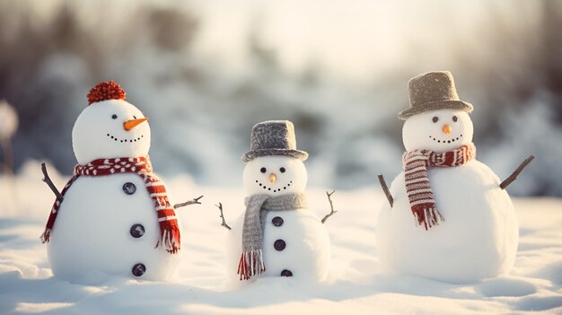 uomo di neve con il cappello rosso di Babbo Natale e la sciarpa rossa