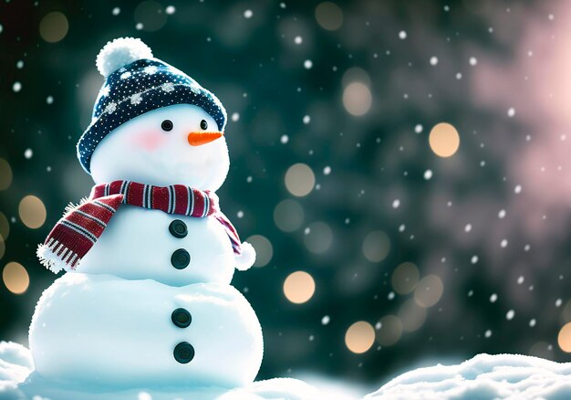 uomo di neve con sciarpa e cappello nel paesaggio invernale