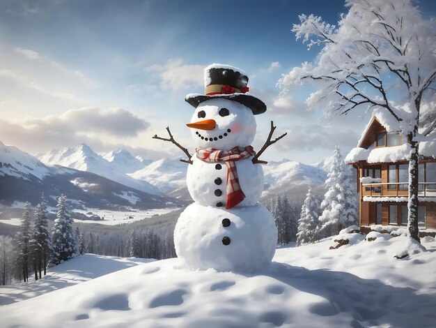 Uomo di neve di Natale in un paesaggio innevato IA generativa