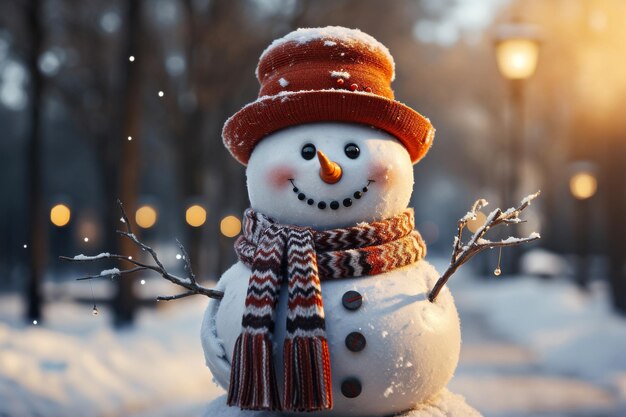Uomo di neve divertente con cappello caldo e sciarpa sullo sfondo del parco invernale