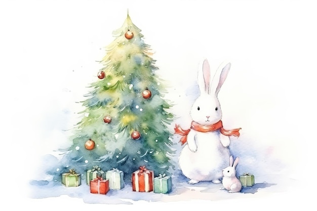 Uomo di neve e albero di Natale con coniglio e ornamenti di Natale dipinti ad acquerello su uno sfondo bianco isolato